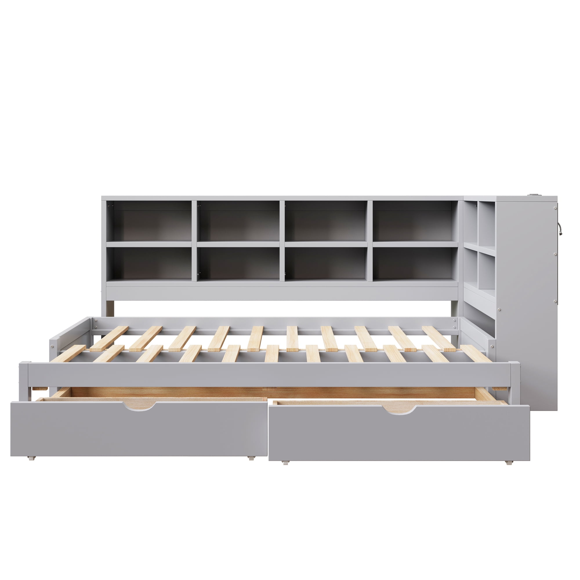 Euroco Wood Twin XL to King Size Daybed with Trundle and Drawers, Storage Headboard with LED Light and USB Ports, Gray
