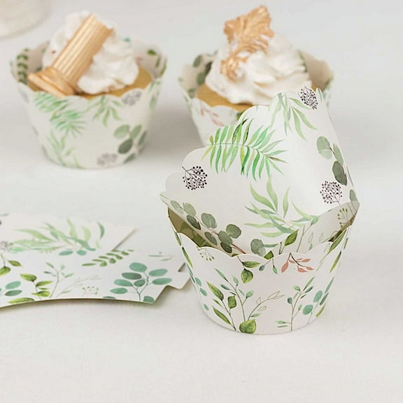 BalsaCircle 25 White Paper Cupcake Wrappers Green Eucalyptus Leaves Print Party Events Decorations Supplies