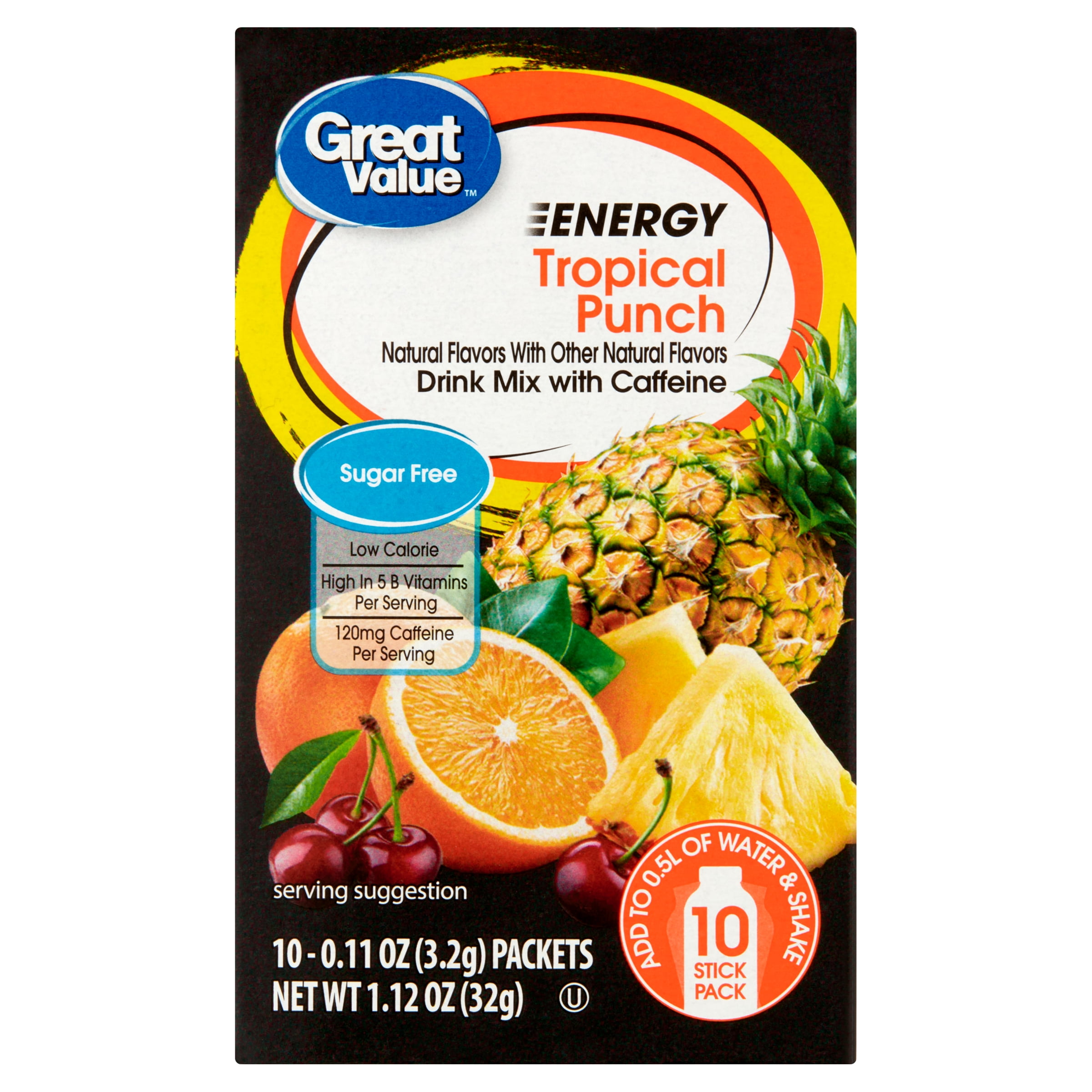 Great Value Sugar-Free Tropical Punch Energy Drink Mix, 1.12 oz, 10 Count