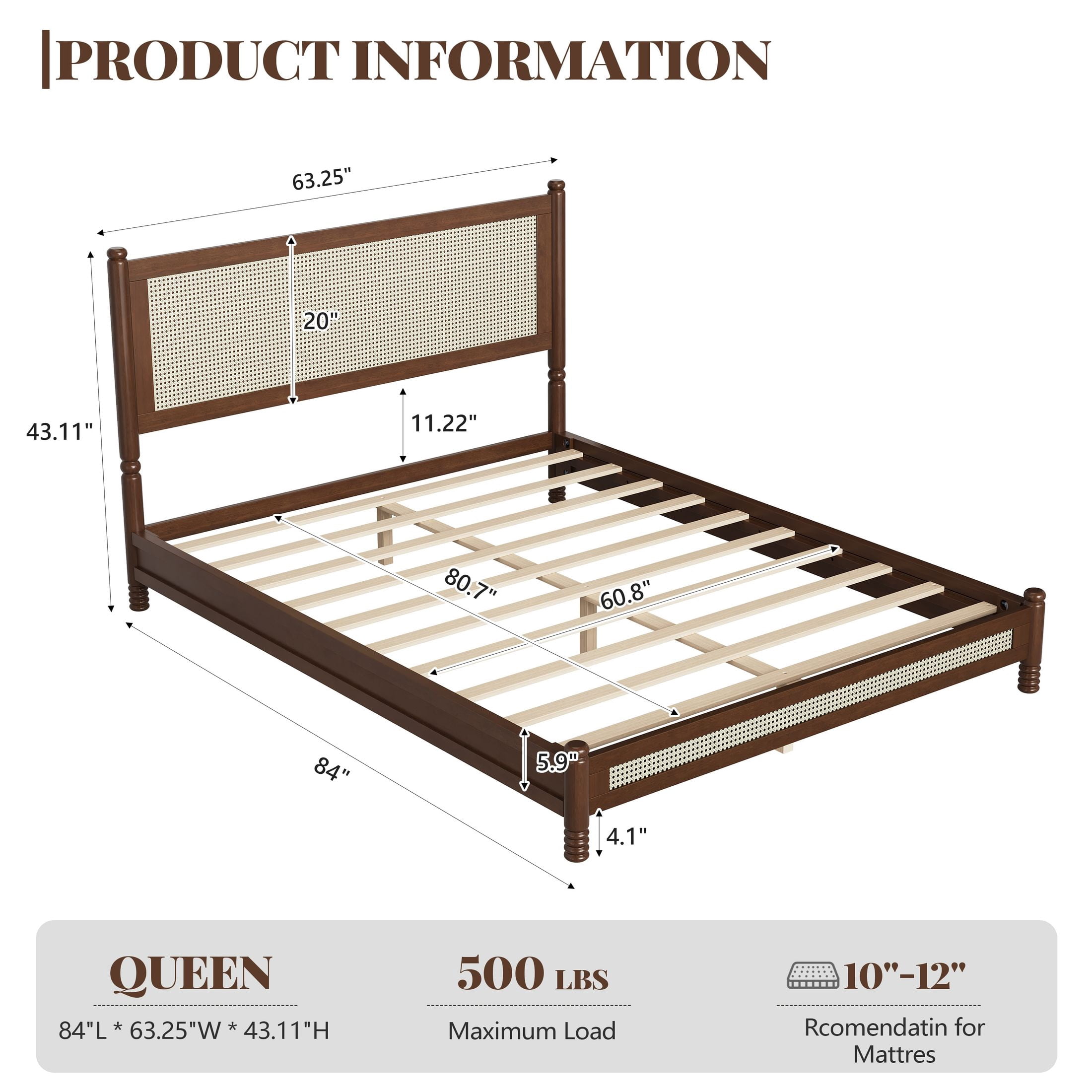 GDF Studio Annes Queen Size Boho Rattan Platform Bed Frame with Turned Legs, Woven Cane Pine Wood Bed Frame, Walnut