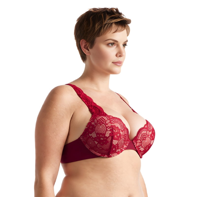 Curve Muse Women's Plus Size Add 1 and a half Cup Push Up Underwire Convertible Lace Bras -2PK-Black,Red-46B