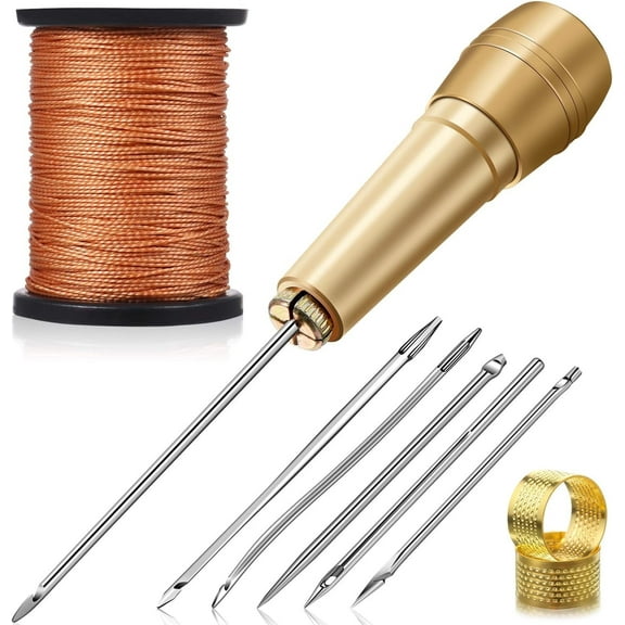 RUseeN 6 Pieces Canvas Leather Sewing Awl Needle with Copper Handle, Nylon Cord Thread and 2 Pieces Thimble for Handmade Leather Sewing Tools Shoe and Repair