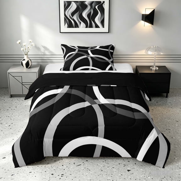 Manfei Black Gray Circle Twin Comforter Sets, Aesthetic Minimalist Bedding Set, Black Reversible 2-Piece, 1 Comforter and 1 Pillowcase