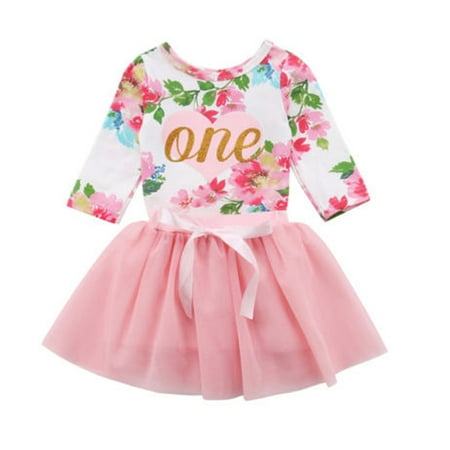 Baby Girls 1st Birthday Outfits Long Sleeve Floral Romper With Tutu Skirt Set 0-6 Months