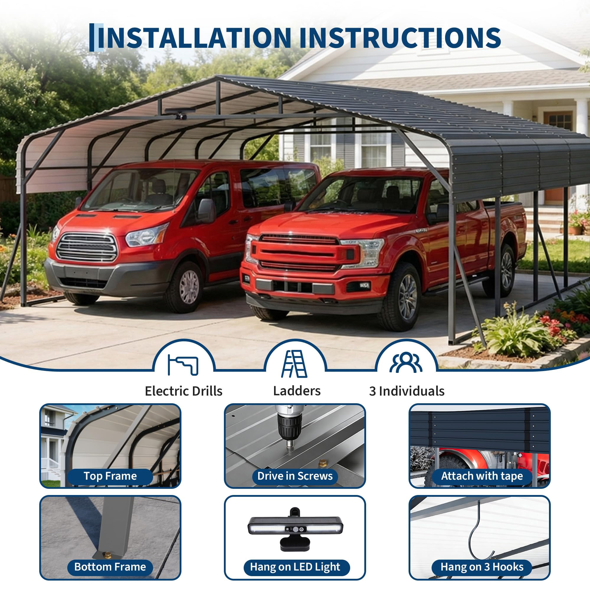 20x20FT Heavy Duty Metal Carport w/Led Light,Outdoor Portable Car Garage,Reinforced Base & Galvanized Steel Roof, Outdoor Car Port Canopy Shelter for Boats, Full-Sized Pickup Trucks