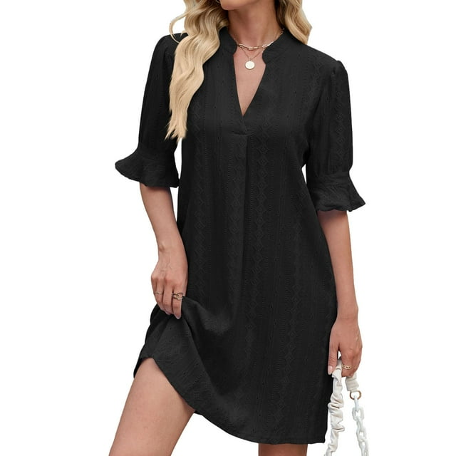Offres de Vacances Iumwxz Robes à Manches à Volants Col en V pour Femmes Robe Décontractée Mignonne en Dentelle Côtelée Robe Unie Robes Élégantes pour Vacances