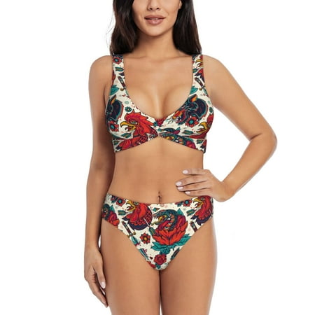 Zeuib Chicken High Waisted Tummy Control Bikini Set - Knot Front Push Up Top & Cheeky Thong Bottom  Two-Piece Swimsuit for Women-Medium
