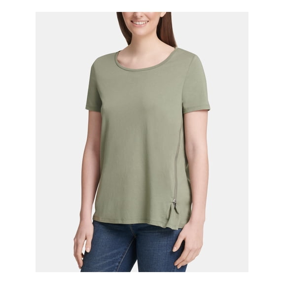 DKNY $49 Womens New 0017 Green Zippered Short Sleeve Jewel Neck Casual Top M B B