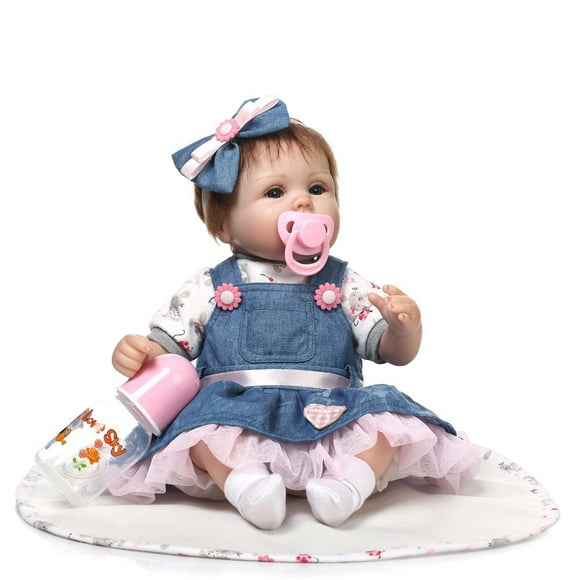 Amdohai 400mm Baby Doll Denim Dress Soft Silicone Vinyl Lifelike Reborn Doll Baby Kids Toy Gift