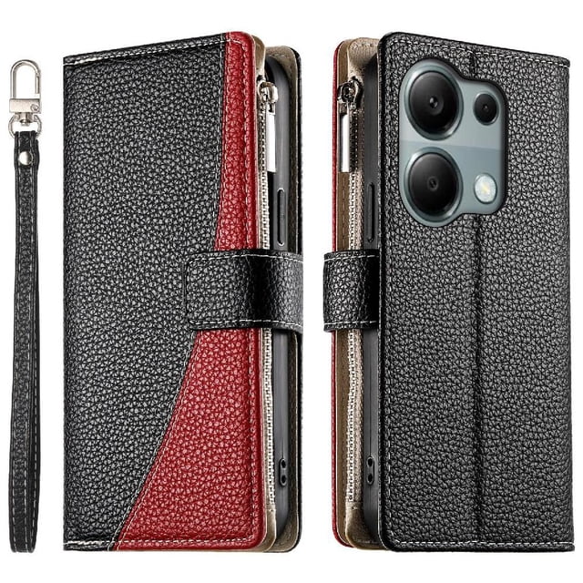 Funda cartera GANGXUN para Xiaomi Poco M6 Pro 4G , cuero PU con tarjetero, cremallera, correa de mano, soporte y protección 1231°