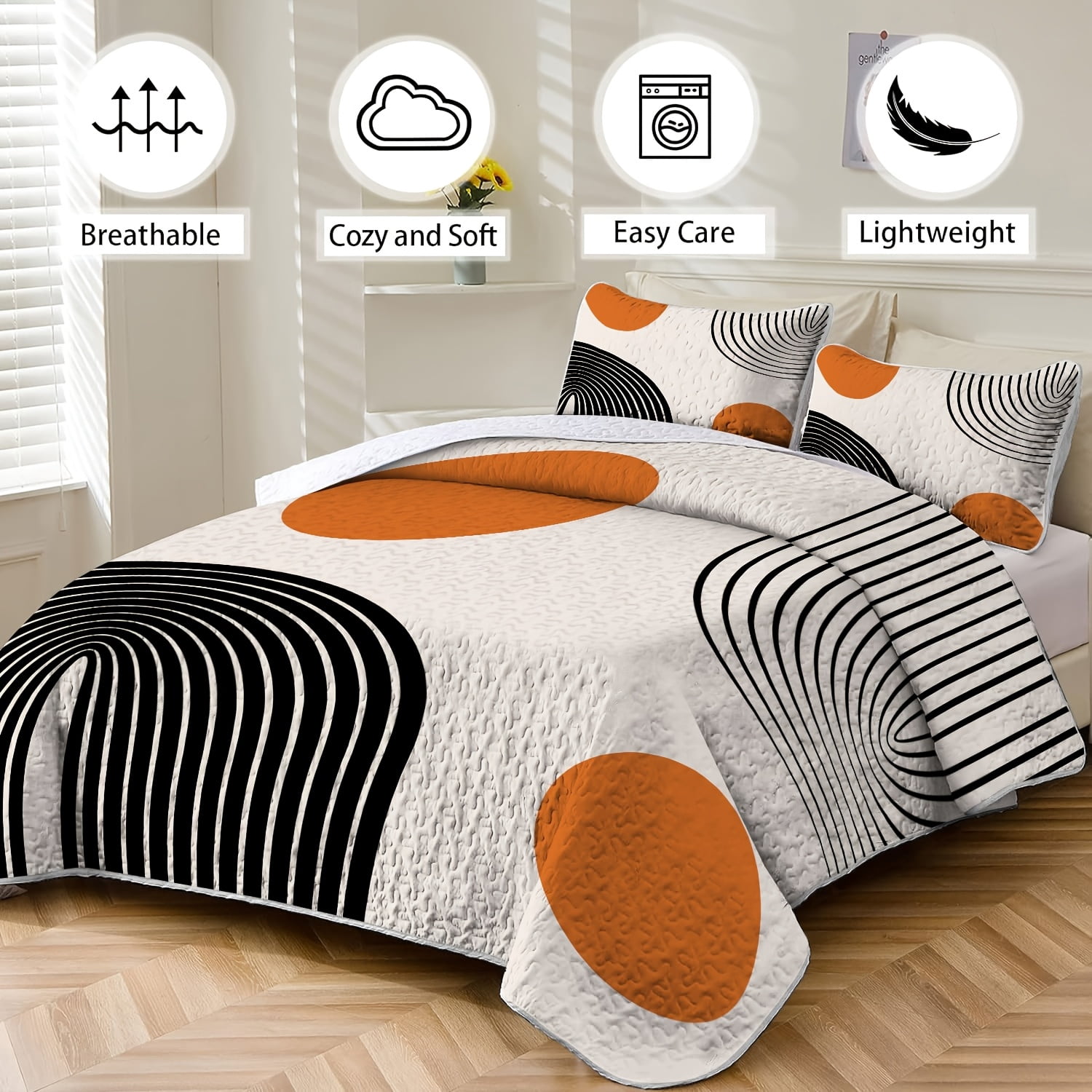 Flymme 3 Piece Boho Full/Queen Quilt Sets,Reversible Lightweight Bedspread Coverlet,Mid Century Orange Sun Geometric Bedding Quilts Set for All Season