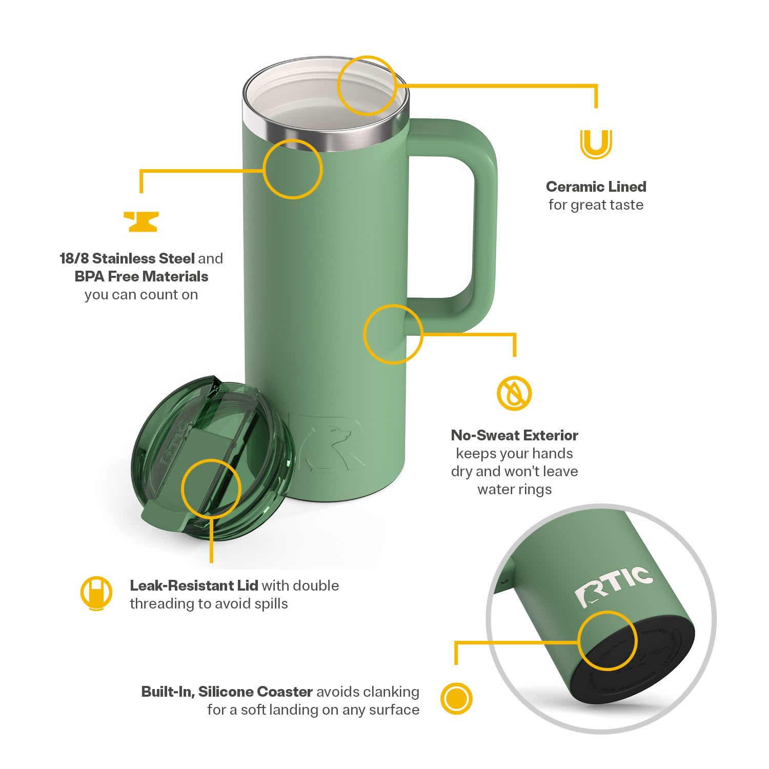 RTIC 20 oz Ceramic Lined Insulated Road Trip Travel Mug with Leak-Resistant Lid, Sage
