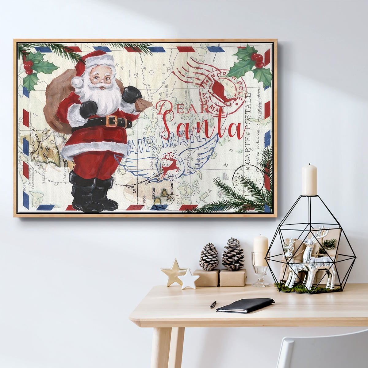 Christmas Par Avion Collection A - Framed Gallery Wrapped Holiday Canvas - 27 x 41 - Natural Wood Frame