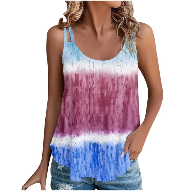 Plebaso Eyelet Tank Tops Womens Sleeveless Embroidery Tunic Print Summer Flowy Shirts for Beach Vacation