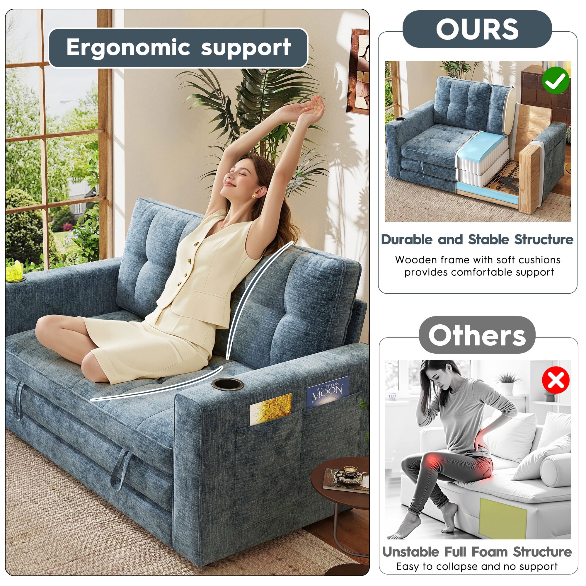 BedLuxury 55" Foldable Loveseat Futon Sofa Bed with Cup Holder & Storage Pocket, Sleeper Couch, Space Saving, Chenille Blue