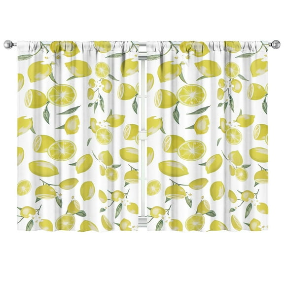 Floral Lemon Print Kitchen Curtains Set of 2 - Retro Vintage Style, Semi-Sheer Caf Curtains 42x63 Inch