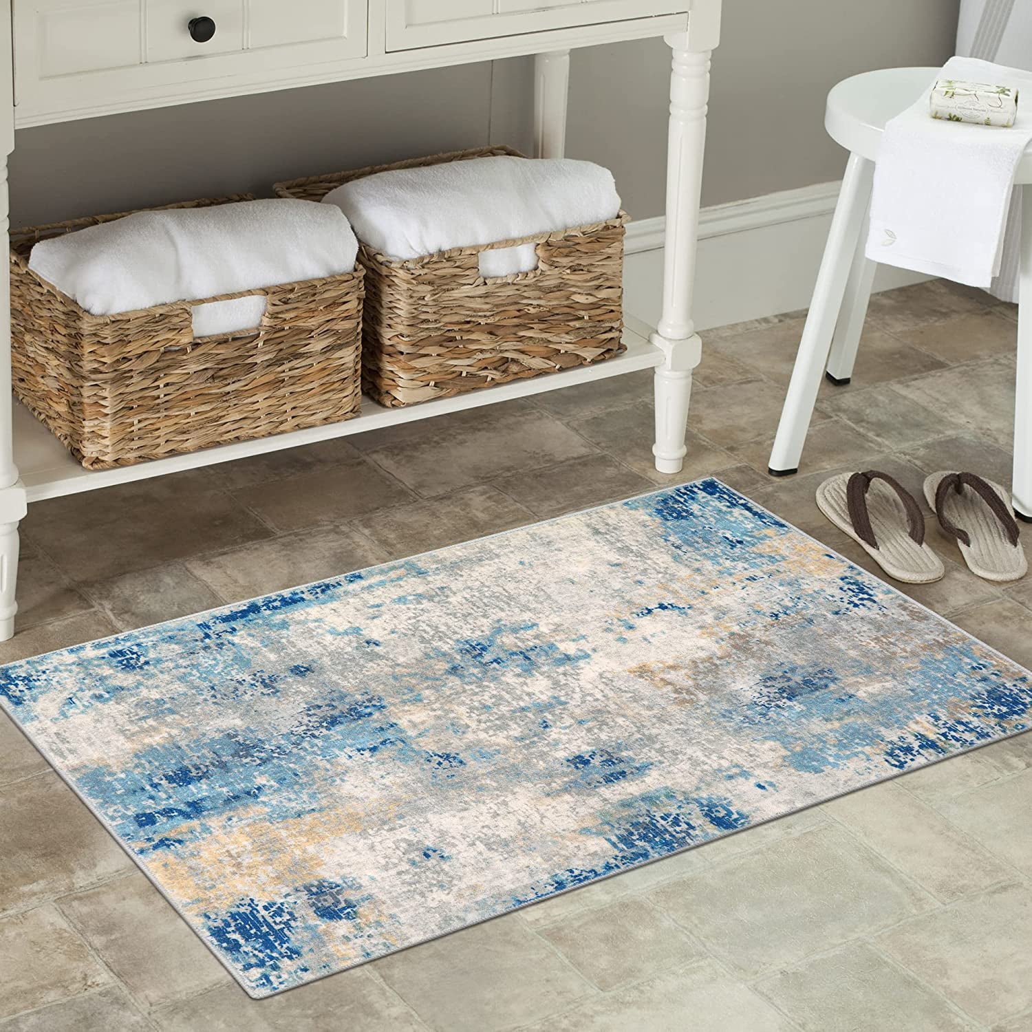 Moynesa 2'x3' Modern Abstract Area Rug,Blue Washable Small Front Door Rug for Entryway Mat Contemporary Faux Wool Non-Slip Soft Floor Indoor Carpet for Living Room Kitchen Bathroom RV