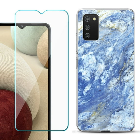 Slim-Fit TPU Fashion Phone Case for Samsung Galaxy A03s, with Tempered Glass Screen Protector, by OneToughShield ® - Marble / Gem Blue