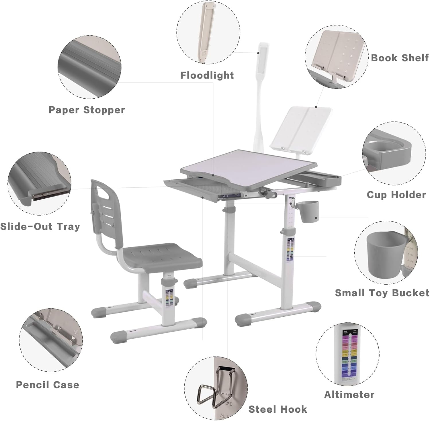 Desk for Kids Desk and Chair Set Kids Art Desk Drafting Table Desk Set with Adjustable Height, 40-Degree Tiltable Children Desktop, LED Light,Bookstand,Grey