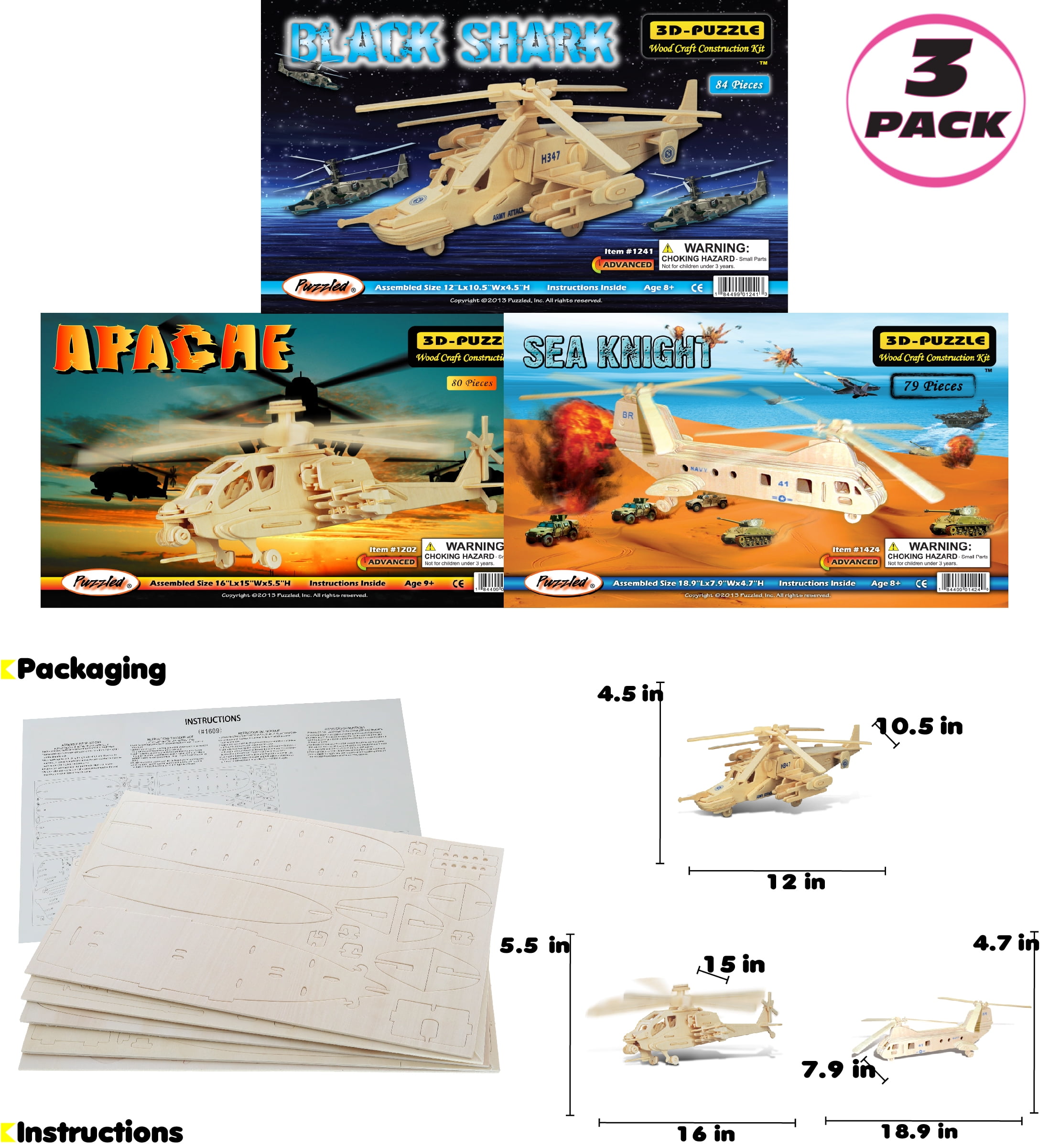 Puzzled Bundle of Air-Force Choppers: Apache, Black Shark, Sea Knight  Wooden 3D Puzzles Construction Kits, Educational DIY Helicopters Assemble  Models 