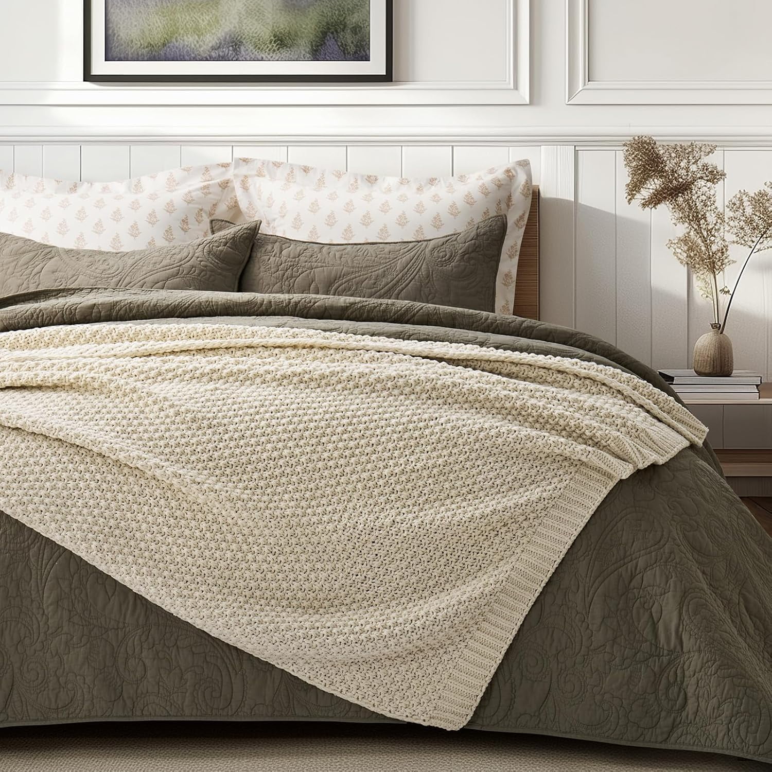 EVERGRACE Chunky Chenille Knit Throw Blanket for Couch, Soft Luxurious Moss Stitch Blankets for Bed, Cozy Decorative Farmhouse Knitted Throws for Sofa, Beige, 50" x 60"