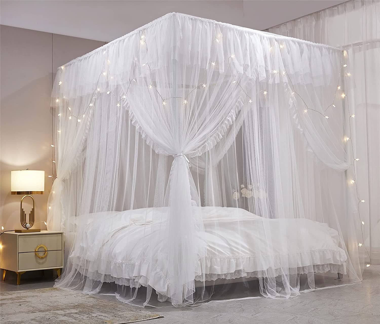 4 Corners Post Ruffle Princess Bed Canopy Curtain-Double Layer Cozy Drape Netting 4 Opening Mosquito Net for Girls Adults Bedroom Decoration (White/White, 59" W*82" L*82"*H/(Queen))
