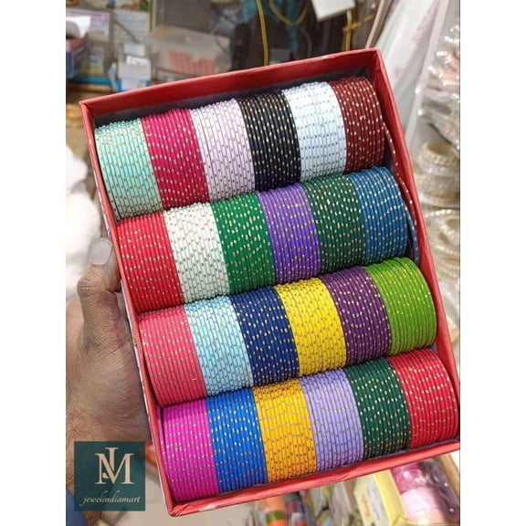 Metal Bangles Set (12 Dozen 2.6 Size ) Assorted Colors, Indian Wedding Favors Multicolor Glitter Dot Bangles Set for Women & Girls | Party, Festive & Daily Wear Chudi Set