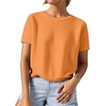 thumbnail image 1 of GPOECD T-Shirts Grande Taille pour Femmes Tricot Texturé Couleur Unie Col Rond Manches Courtes Style Décontracté pour un Port Quotidien Confortable Hauts Décontractés pour Femmes Orange,XXXXXL, 1 of 4