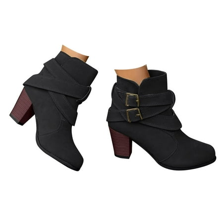 

Women Classic Pointed Toe Buckle Short Heel Boots Side Zippers Boot