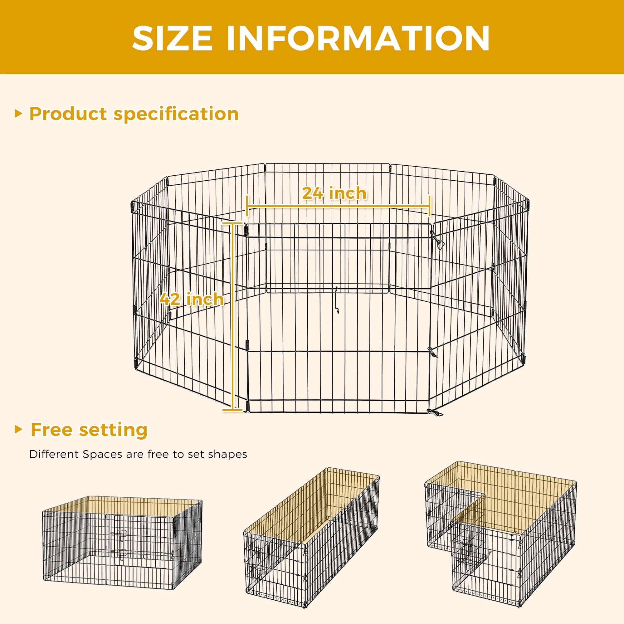 PEQULTI 42" Metal Dog Playpen 8-Panel (42" x 24") Foldable Pet Fence No Door for Indoor & Outdoor Use