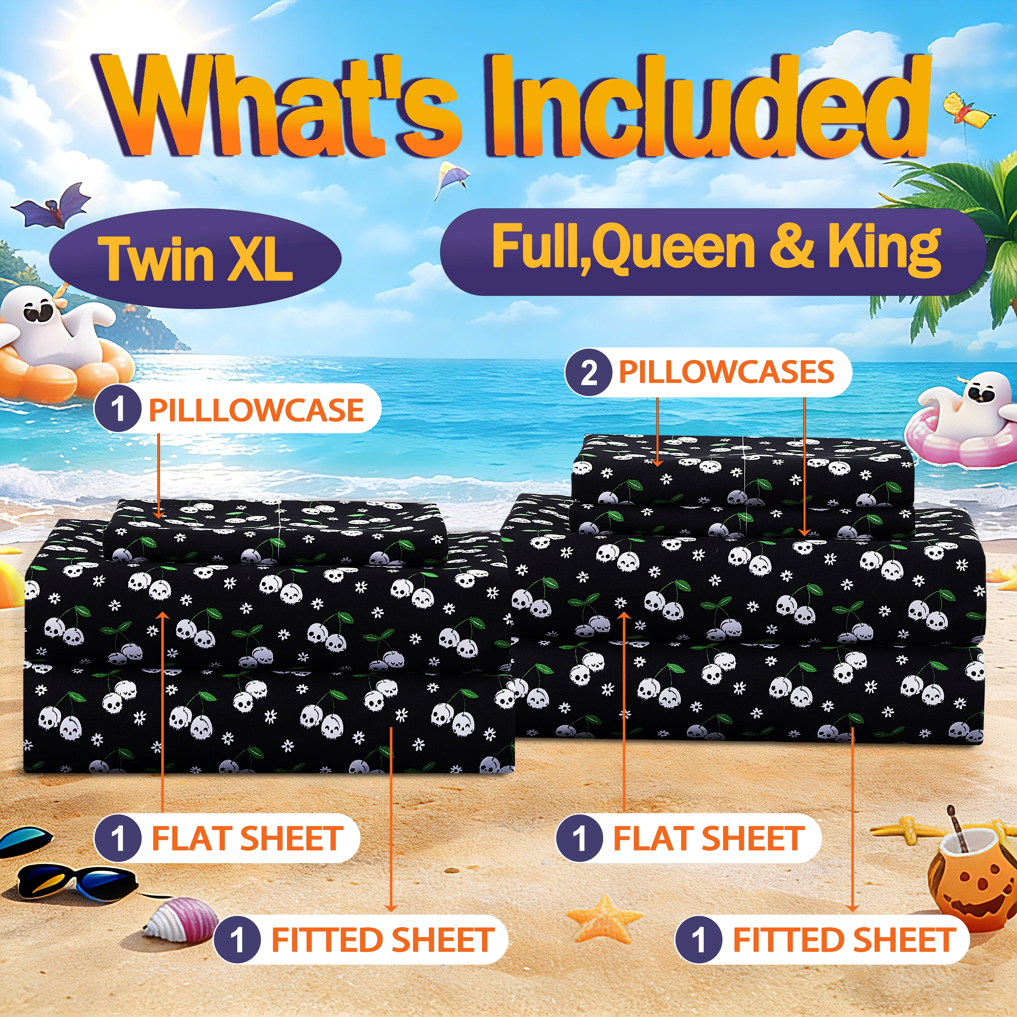 Summerween Soft Microfiber Sheet Set, Black & White Skull Cherries, King