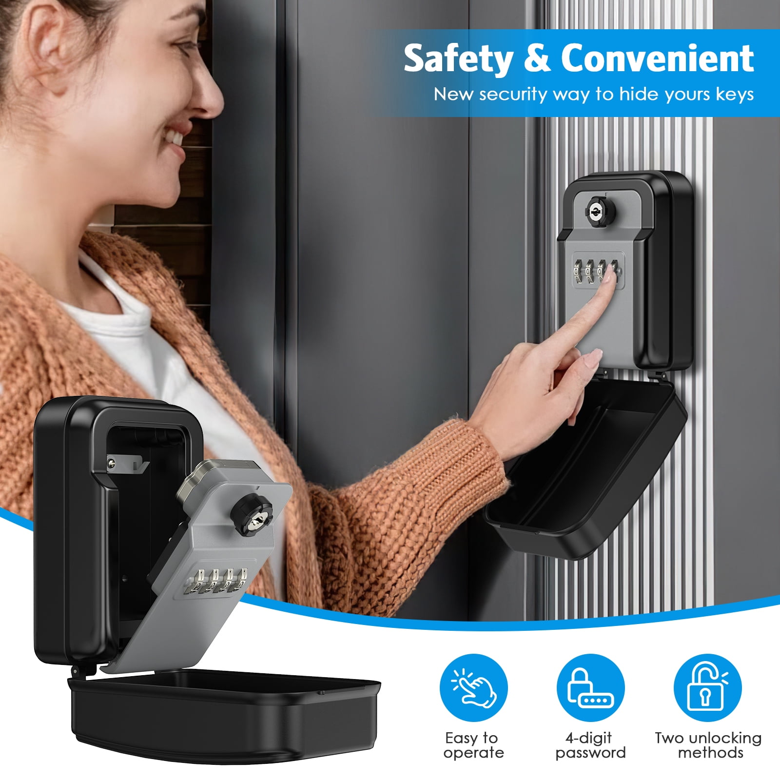 Key Lock Box, AMIR Key Safe Box with Emergency Key 10 Keys Capacity Waterproof Wall Mounted Key Storage Box for Home Warehouse Basement Garage Outdoor