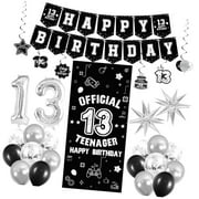SKYSONIC 13th Birthday Decor Set for Teens, Black White Theme Backdrop, Banner, Cake Topper, Hanging Decorations, Party Supplies for 13-Year-Olds