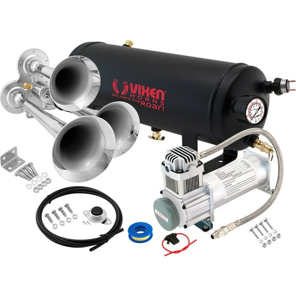 Vixen Horns Train Horn Kit for Trucks/Car/Semi. Complete Onboard System- 200psi Air Compressor, 1.5 Gallon Tank, 3 Trumpets. Super Loud dB. Fits Vehicles like Pickup/Jeep/RV/SUV 12v VXO8315/3114C