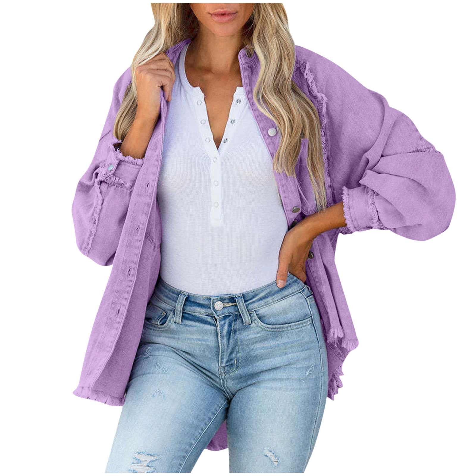 Hfyihgf Women's Frayed Denim Jacket Casual Long Sleeve Button Up