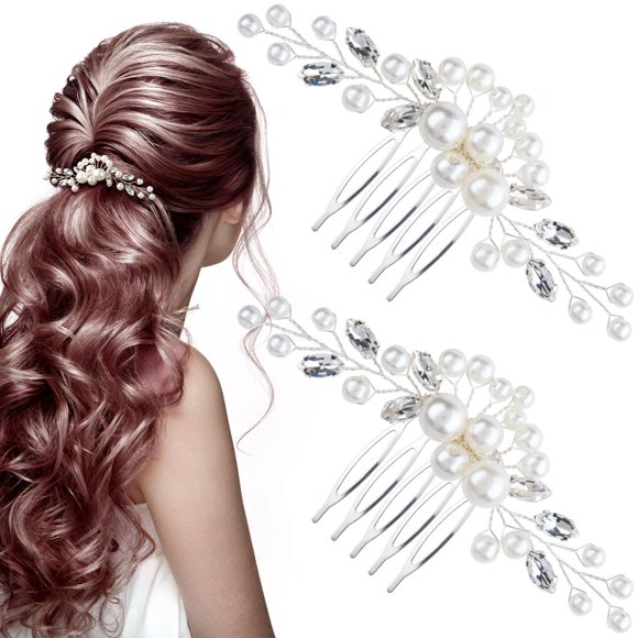 OIIKI 2 peines de perlas para novia, con diamantes de imitación y perlas, accesorios para el pelo de boda, cristal para mujeres, novias, fiestas de Navidad, bailes, bodas