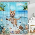 thumbnail image 2 of Funny Cat Shower Curtain, Cat Swimming in Sea Ocean with Turtle Octopus Bathroom Shower Curtain Set,with Hooks,72x72in ﻿, 2 of 5