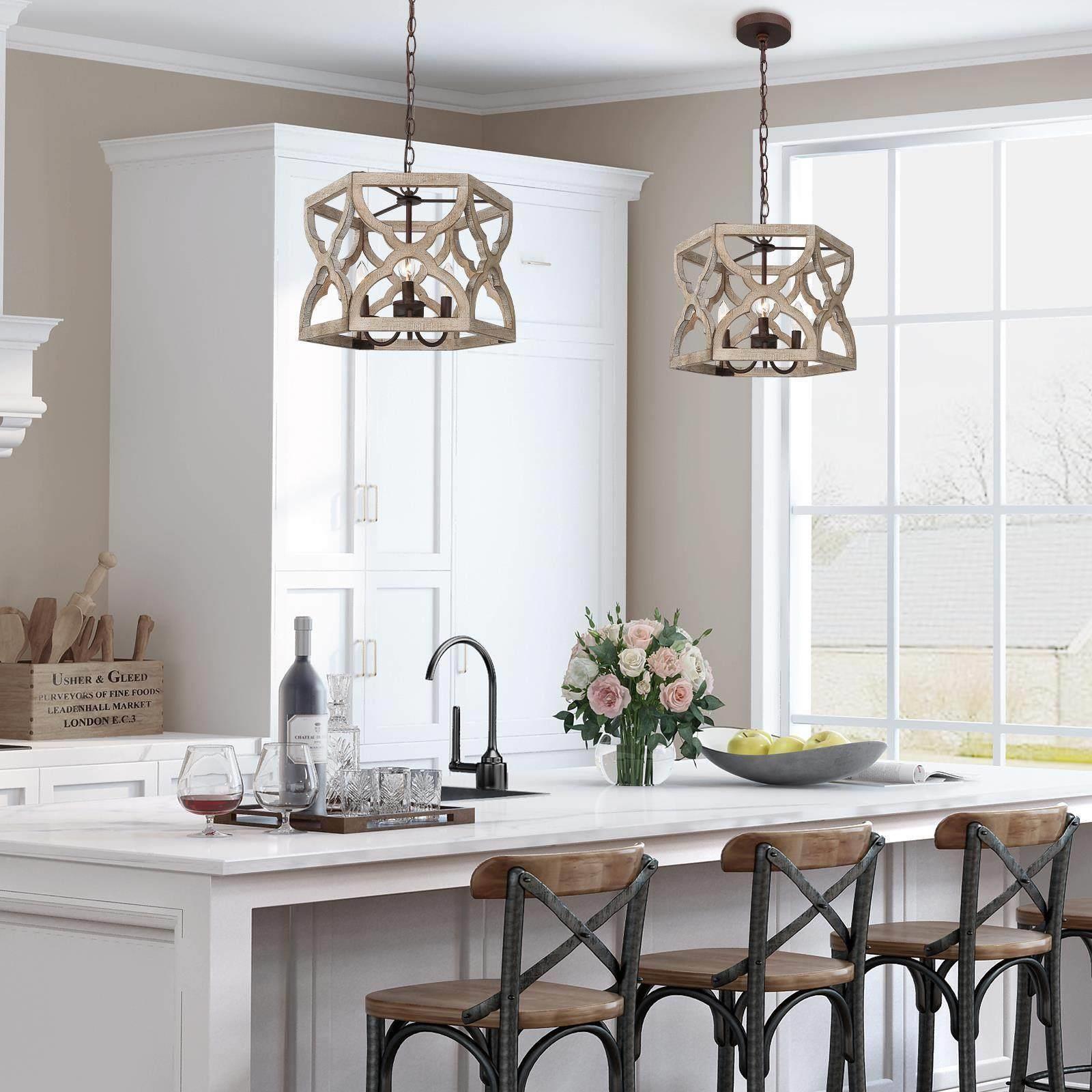 KSANA Farmhouse Drum Chandelier – 3-Light Faux-Wood Finish, 16" Diameter, Adjustable Chain