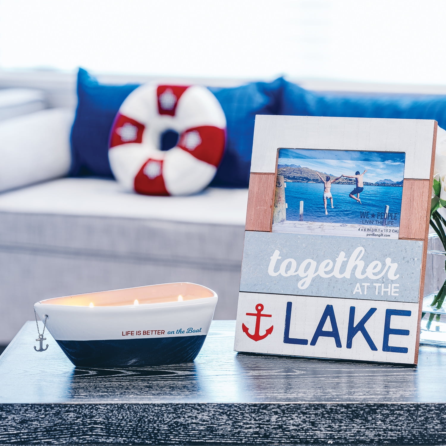 Pavilion Gift Company Triple Wick Candle in Ceramic Boat Dish, 10 Oz, 4"W x 2.75"H, Blue