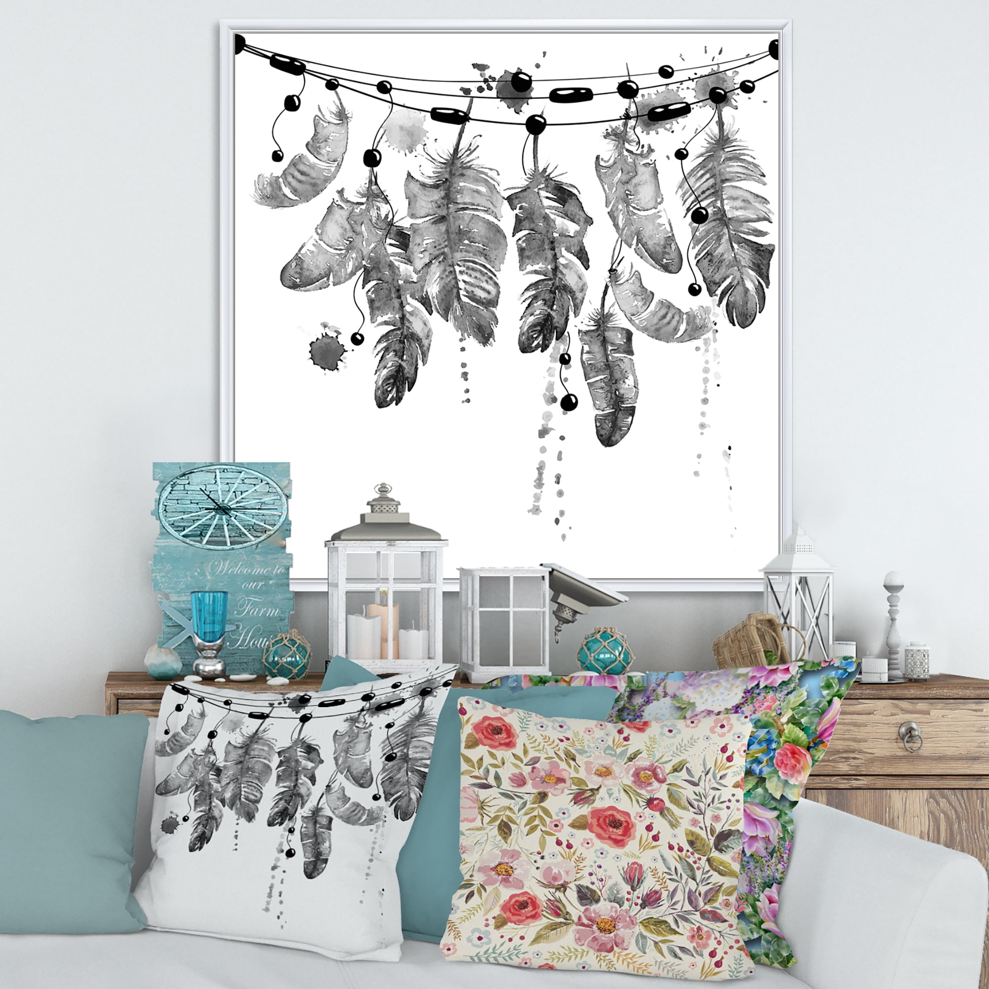 Designart 'Hanging Monochrome Bird Feathers' Bohemian & Eclectic Framed Canvas Wall Art Print