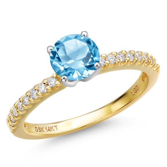 Gem Stone King 14K Two Tone Gold Swiss Blue Topaz and Lab Grown Diamond Engagement Ring for Women | 1.16 Cttw | Round 6MM | Gemstone November Birthstone | Size 9