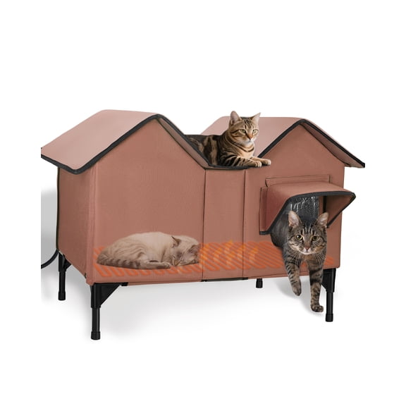 Heated Cat House for Outside Cats in Winter, Weatherproof Insulated Cat Shelter with Elevated Base & Escape Door for Multiple Cats (Brown)