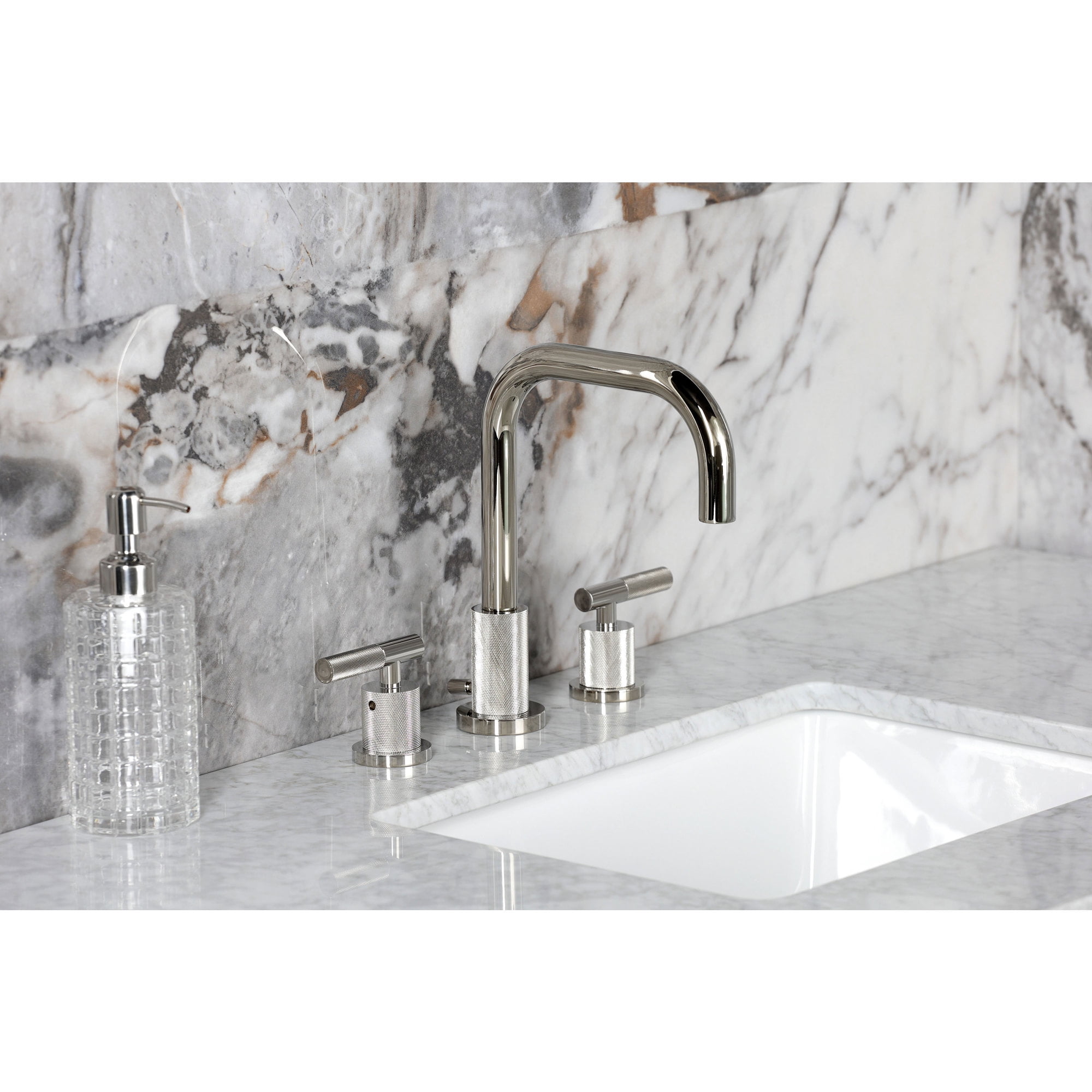Kingston Brass FSC8939KNL Convergent Two-Handle 3-Hole Deck Mount Widespread Bathroom Faucet with Knurled Handle and Brass Pop-Up in Polished Nickel