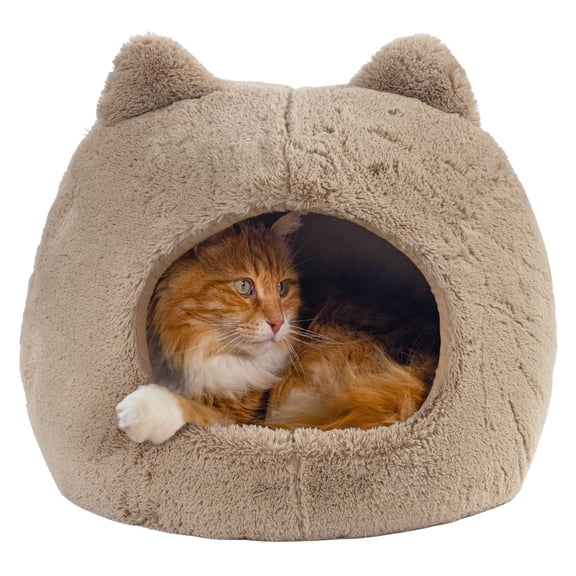 Catstages Meow Hut, Covered Cat Bed Cave for Indoor Cats, Cozy Enclosed with Removable Cushion, 16” x 15” x 15”, For Small Pets Up to 15 lbs, Tan, Small