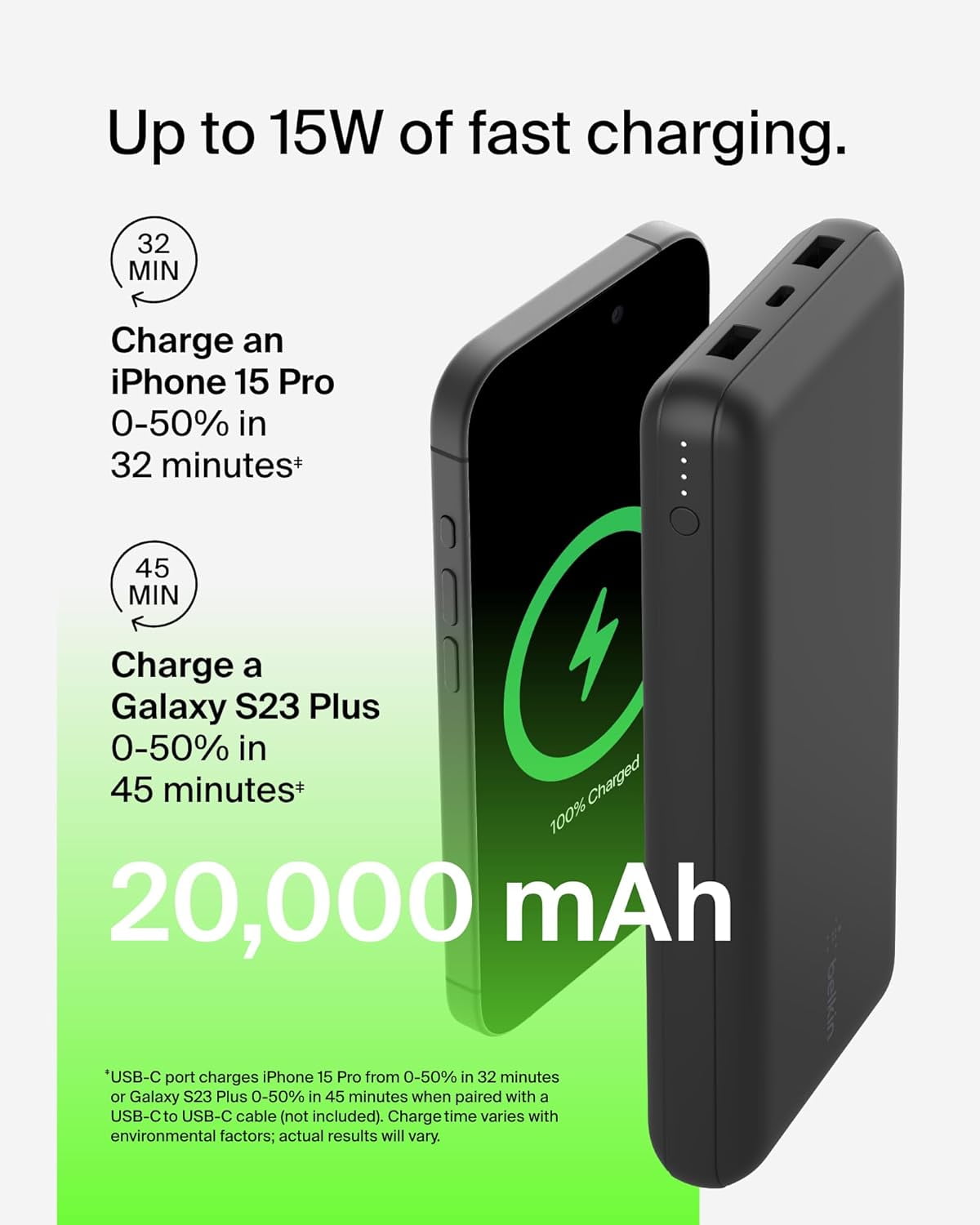 Belkin Portable Charger, USB-C Power Bank 20,000mAh w/ 2 USB-A Ports, 15W w/ Type-A to Type-C Cable for iPhones, Samsung Galaxy & More - Black