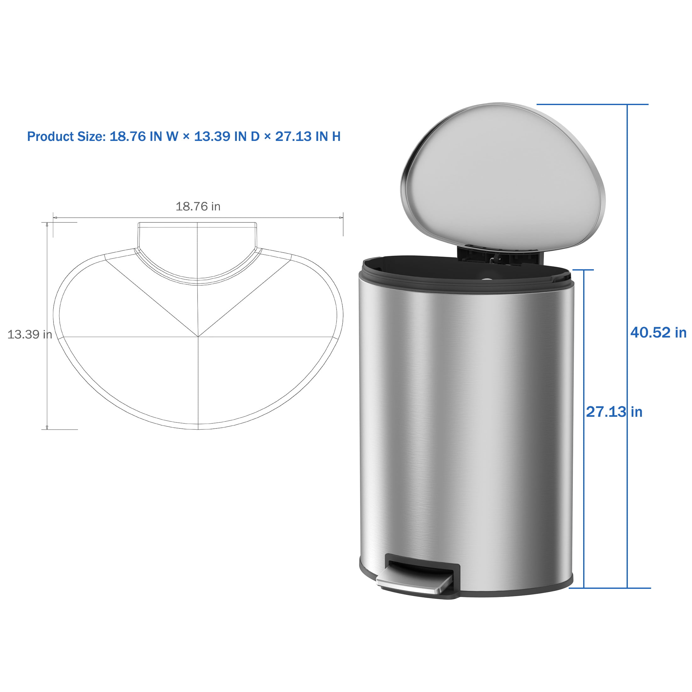 Better Homes & Gardens Kitchen Trash Can, 14.5 Gallon Stainless Steel Semi Round Step Garbage Bin with Soft Close Lid, Silver
