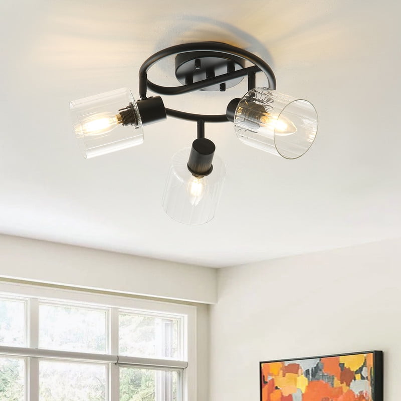 3-Light Semi-Flush Mount Ceiling Light 15.3" Black Dining Room Light Fixture with Clear Glass Lampshade