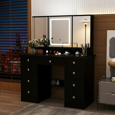 KULAGAGA Modern Makeup Vanity Table Set Organizer Dressing Desk with Light Mirror, 9 Drawers, Storage Shelves, Black