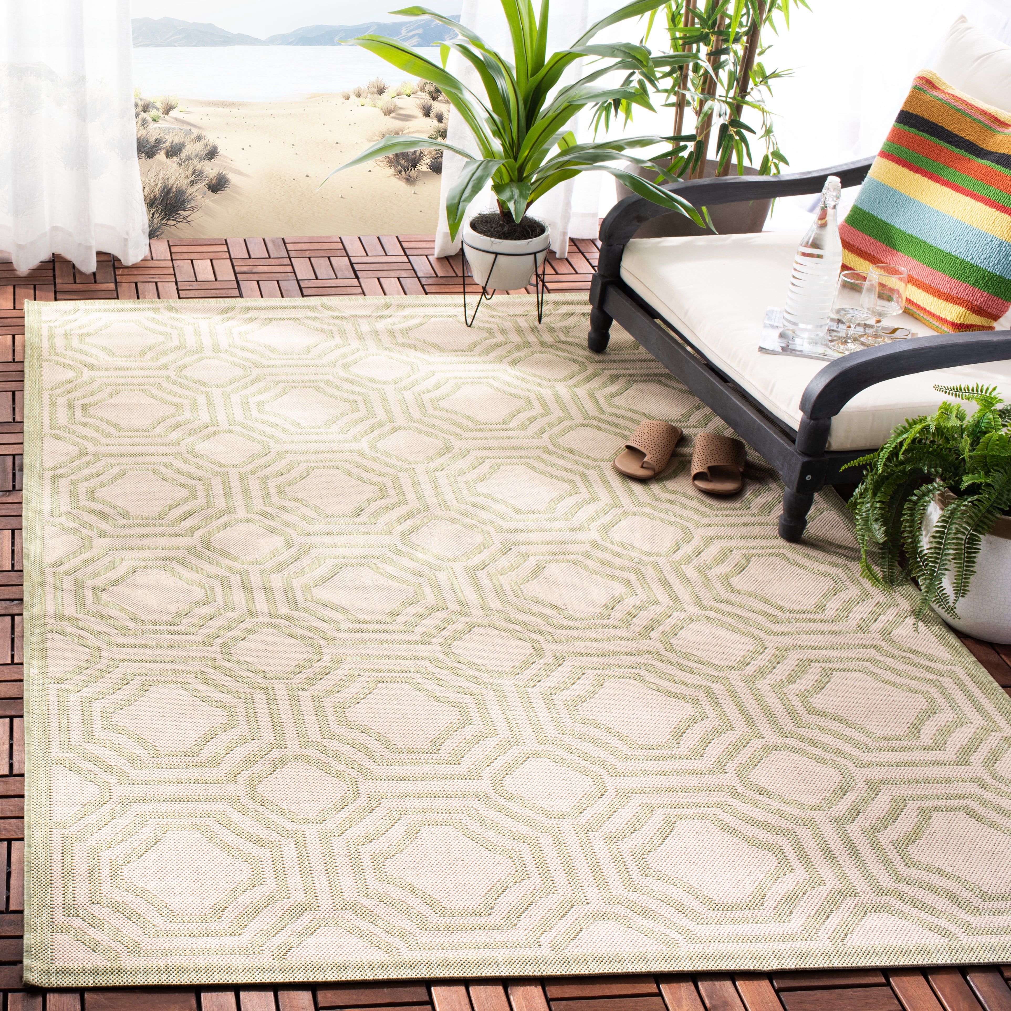 Safavieh Courtyard Brooklyn Geometric Indoor/Outdoor Area Rug, Beige/Sweet Pea, 5'3" x 7'7"