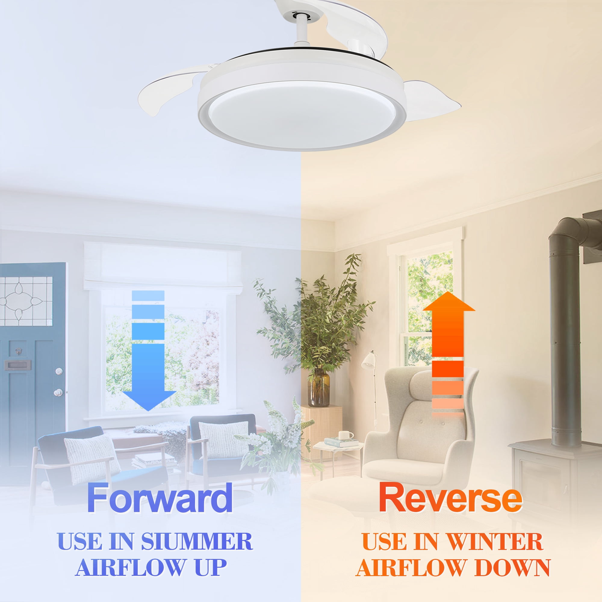 42" Retractable Ceiling Fan Reversible With Remote Control and Light Kit